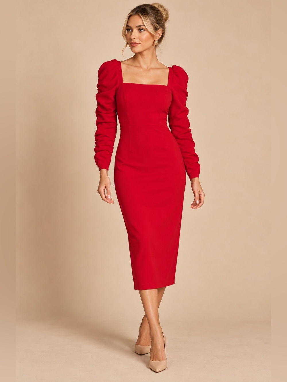 Antonio Melani Francine Square Neck Long Ruched Sleeve Red Dress NEW Size 6